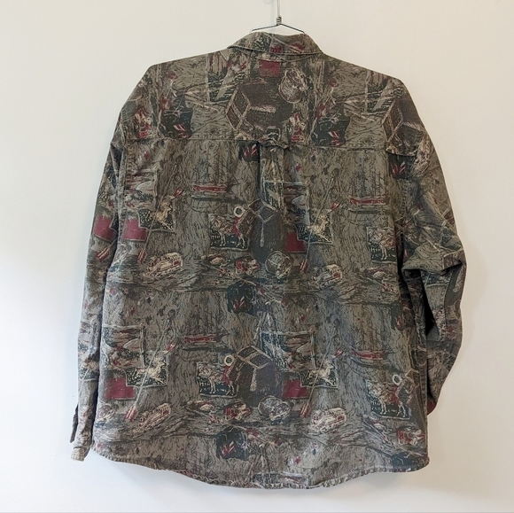 Vintage Eddie Bauer Canvas Hunter Western Pioneer Print Button Down Shirt - Picture 3 of 14